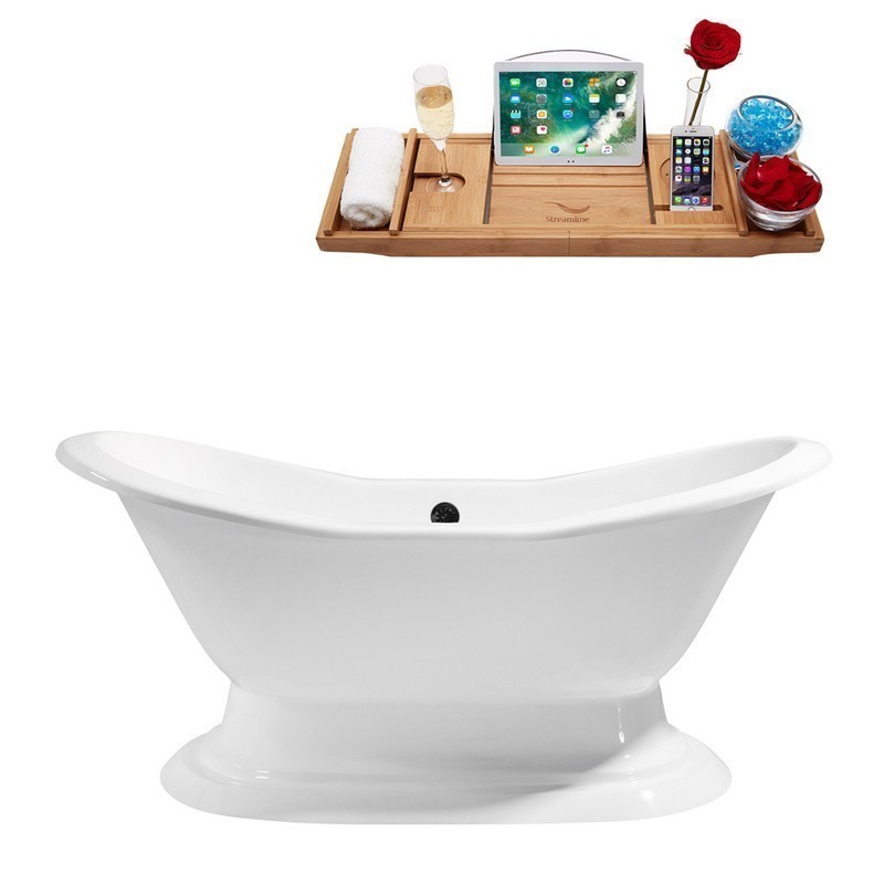 STREAMLINE R5200BL 72 INCH CAST IRON SOAKING FREE-STANDING TUB WITH TRAY AND EXTERNAL DRAIN IN GLOSSY WHITE