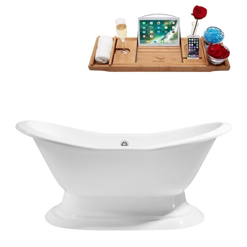 STREAMLINE R5200WH 72 INCH CAST IRON SOAKING FREE-STANDING TUB WITH TRAY AND EXTERNAL DRAIN IN GLOSSY WHITE