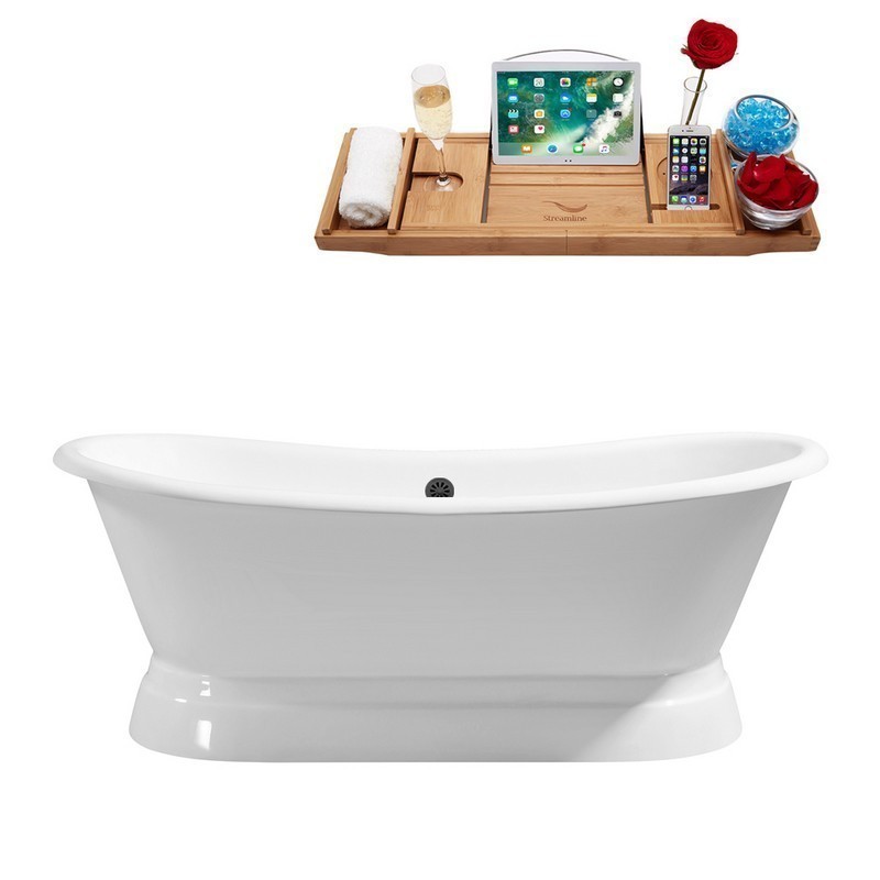 STREAMLINE R5300BL 71 INCH CAST IRON SOAKING FREE-STANDING TUB WITH TRAY AND EXTERNAL DRAIN IN GLOSSY WHITE