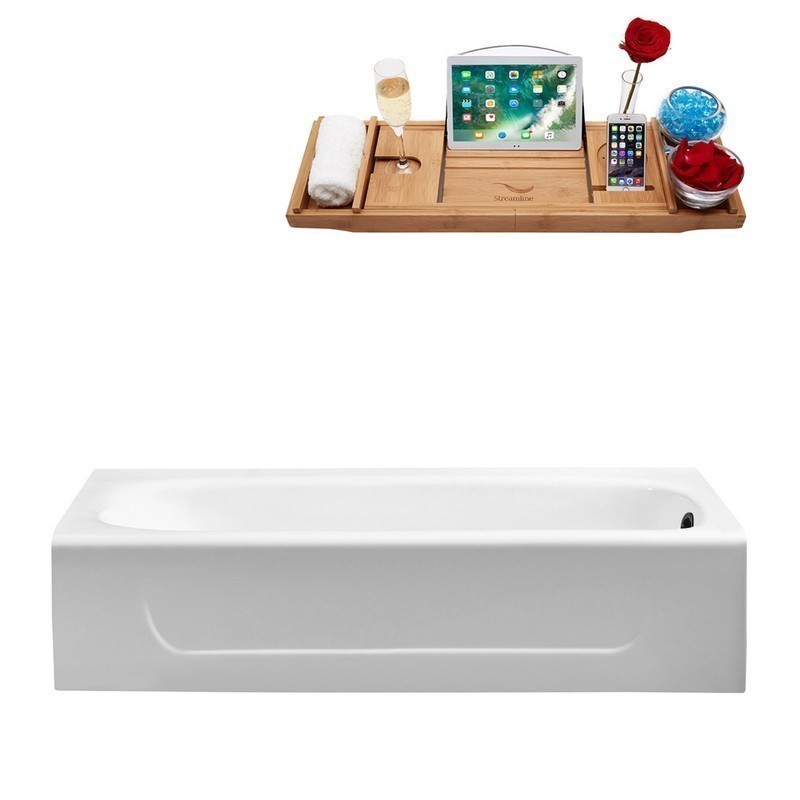 STREAMLINE R5480BL 60 INCH CAST IRON SOAKING ALCOVE TUB AND TRAY WITH DRAIN IN GLOSSY WHITE