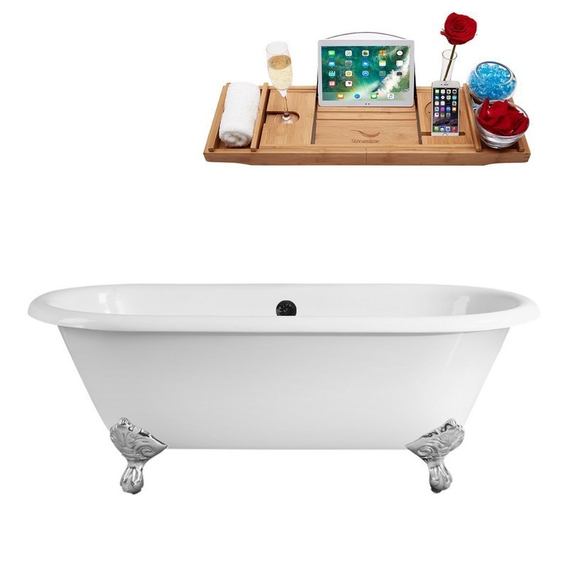STREAMLINE R5500CH-BL 60 INCH CAST IRON SOAKING CLAWFOOT TUB WITH TRAY AND EXTERNAL DRAIN IN GLOSSY WHITE