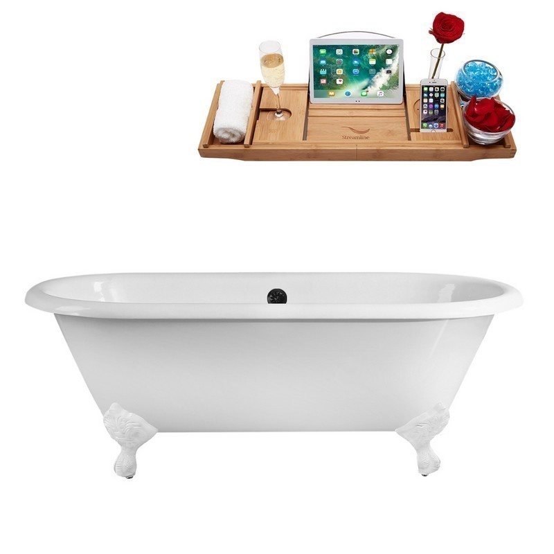 STREAMLINE R5500WH-BL 60 INCH CAST IRON SOAKING CLAWFOOT TUB WITH TRAY AND EXTERNAL DRAIN IN GLOSSY WHITE