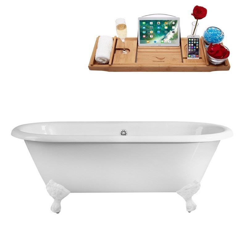 STREAMLINE R5501WH-WH 66 INCH CAST IRON SOAKING CLAWFOOT TUB WITH TRAY AND EXTERNAL DRAIN IN GLOSSY WHITE