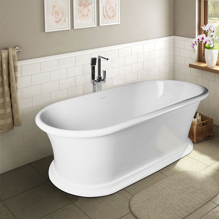 VANITY ART VA6916-GL 67 INCH FREESTANDING SOLID SURFACE RESIN SOAKING BATHTUB WITH SLOTTED OVERFLOW AND POP-UP DRAIN - GLOSSY WHITE