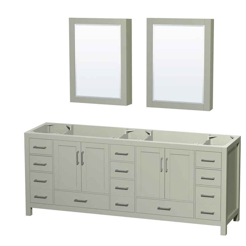 WYNDHAM COLLECTION WCS141484DLGCXSXXMED SHEFFIELD 83 INCH DOUBLE BATHROOM VANITY IN LIGHT GREEN WITH MEDICINE CABINETS AND BRUSHED NICKEL TRIM AND WITHOUT COUNTERTOP AND SINK
