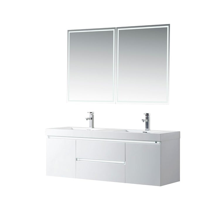 VANITY ART VA6060DWL 60 INCH LED LIGHTED WALL HUNG DOUBLE SINK BATHROOM VANITY WITH RESIN TOP - WHITE
