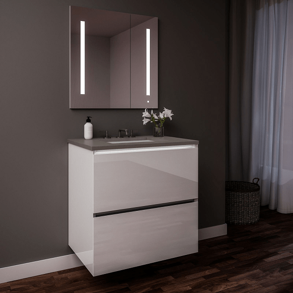 ROBERN 24219100SB00002 CURATED CARTESIAN 24 INCH TWO DRAWER WHITE GLASS VANITY WITH STONE GRAY TOP AND SELECTABLE 2700K/4000K NIGHT LIGHT