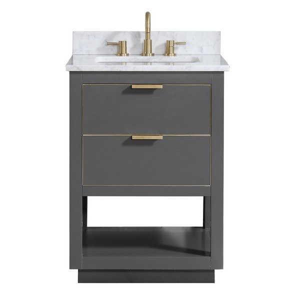 AVANITY ALLIE-VS25-TGG-C ALLIE 25 INCH VANITY COMBO IN TWILIGHT GRAY WITH GOLD TRIM AND CARRARA WHITE MARBLE TOP