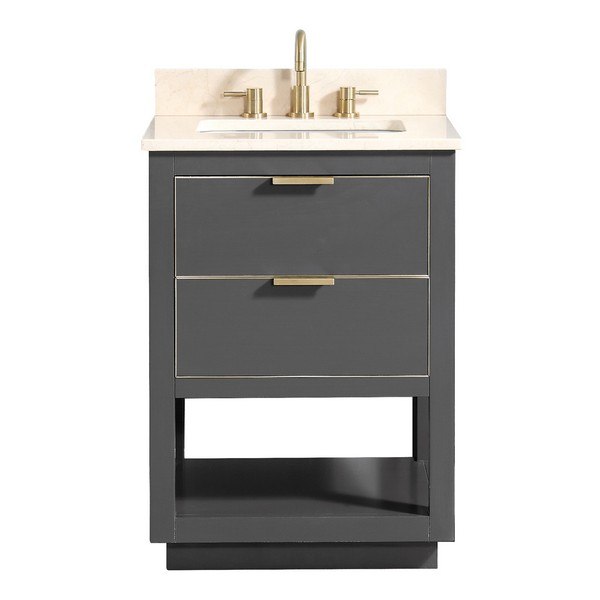 AVANITY ALLIE-VS25-TGG-D ALLIE 25 INCH VANITY COMBO IN TWILIGHT GRAY WITH GOLD TRIM AND CREMA MARFIL MARBLE TOP