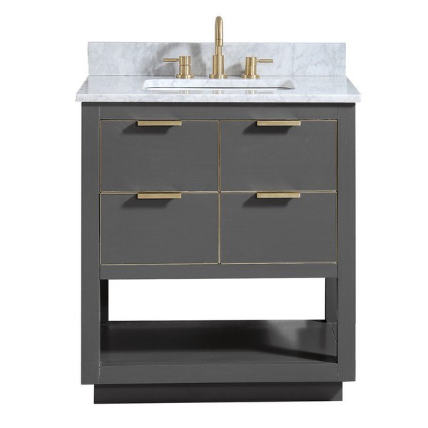 AVANITY ALLIE-VS31-TGG-C ALLIE 31 INCH VANITY COMBO IN TWILIGHT GRAY WITH GOLD TRIM AND CARRARA WHITE MARBLE TOP