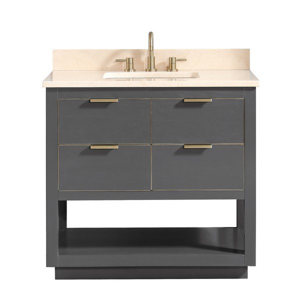 AVANITY ALLIE-VS37-TGG-D ALLIE 37 INCH VANITY COMBO IN TWILIGHT GRAY WITH GOLD TRIM AND CREMA MARFIL MARBLE TOP