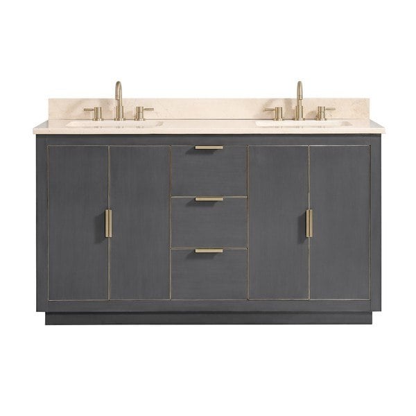 AVANITY AUSTEN-VS61-TGG-D AUSTEN 61 INCH VANITY COMBO IN TWILIGHT GRAY WITH GOLD TRIM AND CREMA MARFIL MARBLE TOP