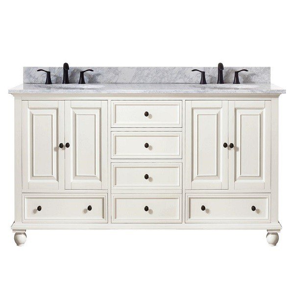 AVANITY THOMPSON-VS60-FW-C THOMPSON 61 INCH DOUBLE VANITY IN FRENCH WHITE WITH CARRERA WHITE MARBLE TOP
