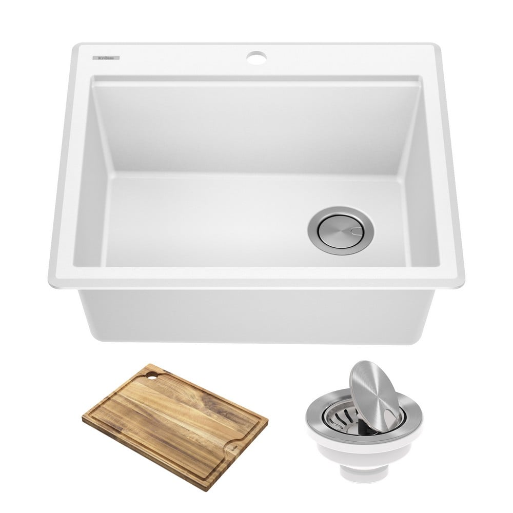 KRAUS KGTW12-25WH BELLUCCI 25 INCH QUARTZ COMPOSITE WORKSTATIONDROP-IN TOP MOUNTSINGLE BOWL KITCHEN SINK WITH ACCESSORIES