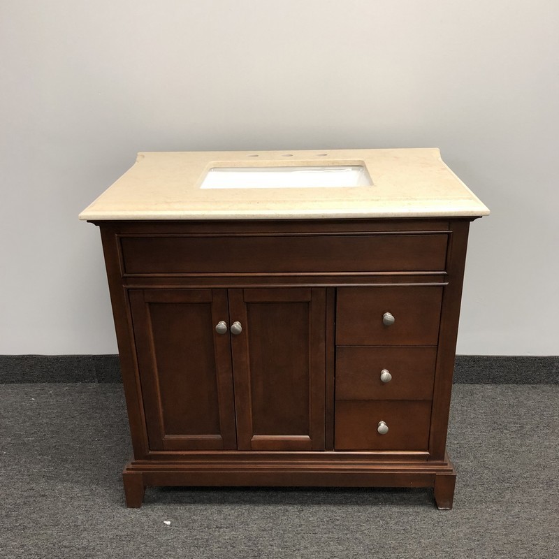 EVIVA EVVN707-36-DR ELITE PRINCETON 36 INCH BATHROOM VANITY WITH DOUBLE OGEE EDGE CREMA MARFIL COUNTERTOP AND UNDERMOUNT PORCELAIN SINK