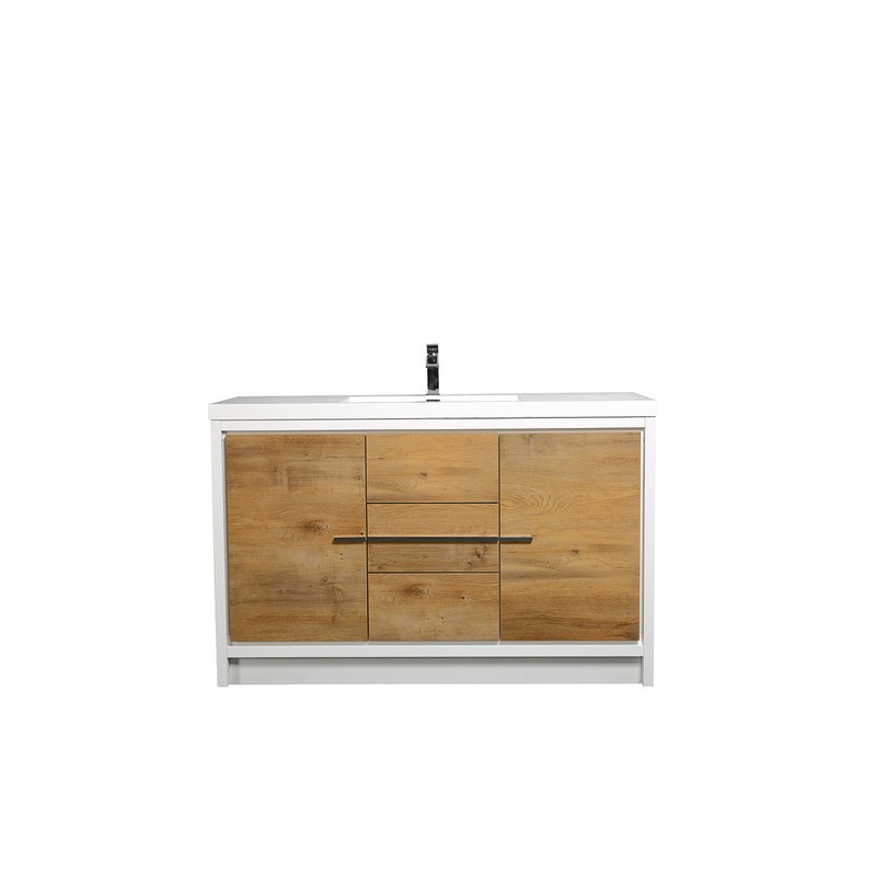 EVIVA EVVN765-60NOK-WH-SS GRACE 60 INCH NATURAL OAK/WHITE SINGLE SINK BATHROOM VANITY WITH WHITE INTEGRATED ACRYLIC TOP