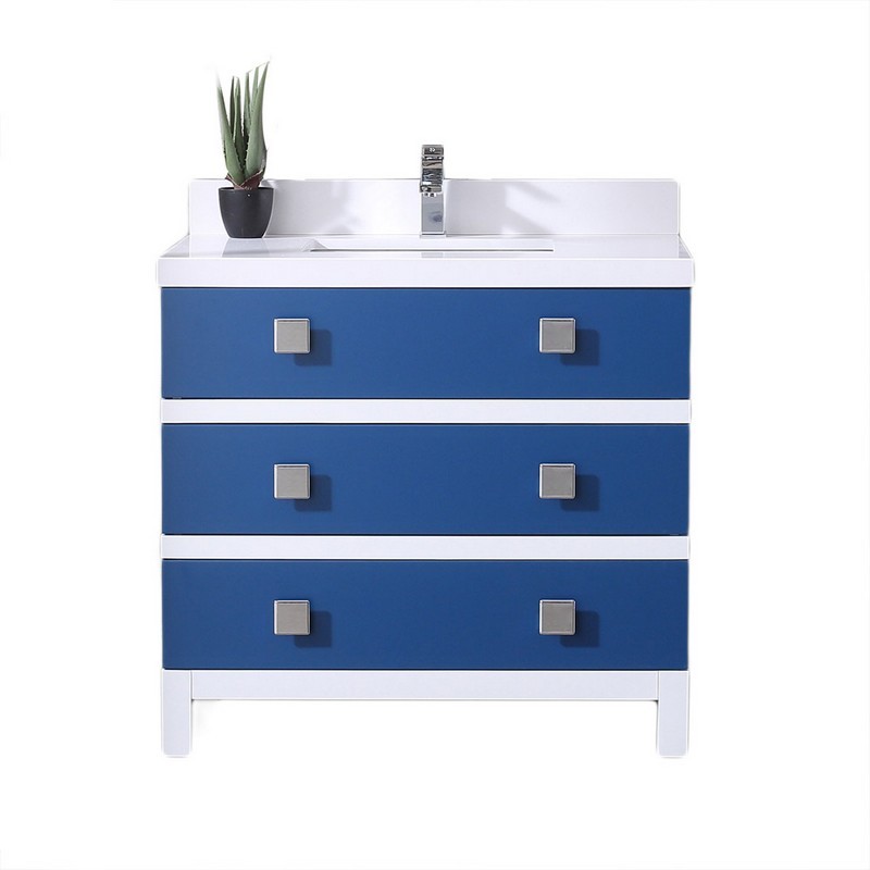 EVIVA EVVN654-36BLU/WH SYDNEY 36 INCH BLUE AND WHITE BATHROOM VANITY WITH SOLID QUARTZ COUNTERTOP
