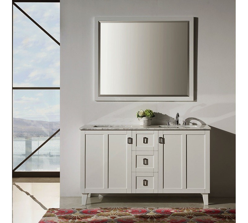 INFURNITURE IN3260-W+CW TOP 60 INCH DOUBLE SINK BATHROOM VANITY IN WHITE WITH THICK EDGE CARRARA WHITE MARBLE TOP