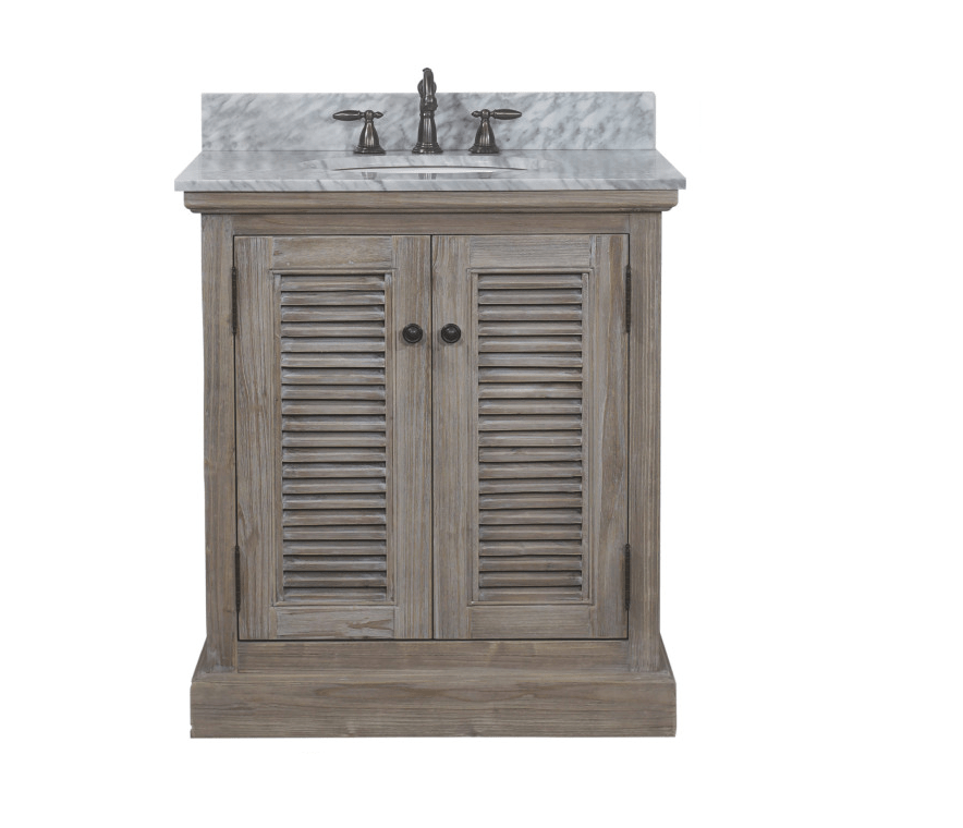 INFURNITURE WK1931+CW TOP 30 INCH SOLID RECYCLED FIR SINGLE SINK VANITY WITH CARRARA WHITE MARBLE TOP