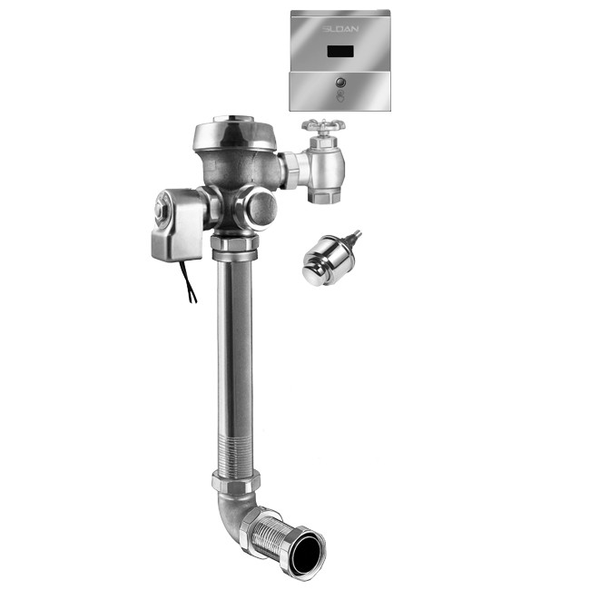 SLOAN 3451664 ROYAL CONCEALED SENSOR HARDWIRED WATER CLOSET FLUSHOMETER, 1.28 GPF, ROUGH BRASS FINISH, REAR SPUD, SINGLE FLUSH, ELECTRICAL OVERRIDE, HARDWIRED, C2A PUSH BUTTON, SENSOR-OPERATED