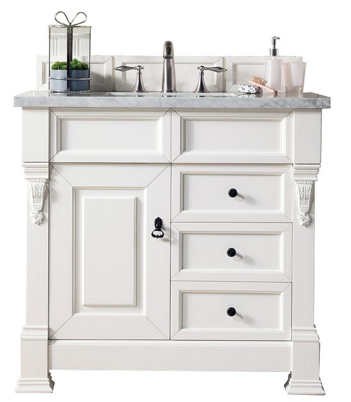 JAMES MARTIN 147-V36-BW-3CAR BROOKFIELD 36 INCH BRIGHT WHITE SINGLE VANITY WITH DRAWERS WITH 3 CM CARRARA MARBLE TOP