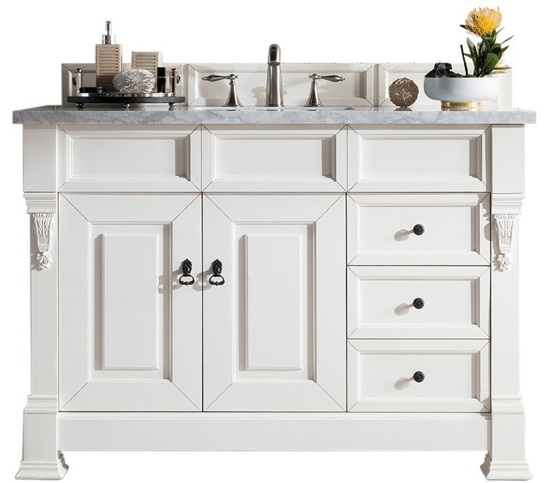 JAMES MARTIN 147-V48-BW-3CAR BROOKFIELD 48 INCH BRIGHT WHITE SINGLE VANITY WITH DRAWERS WITH 3 CM CARRARA MARBLE TOP