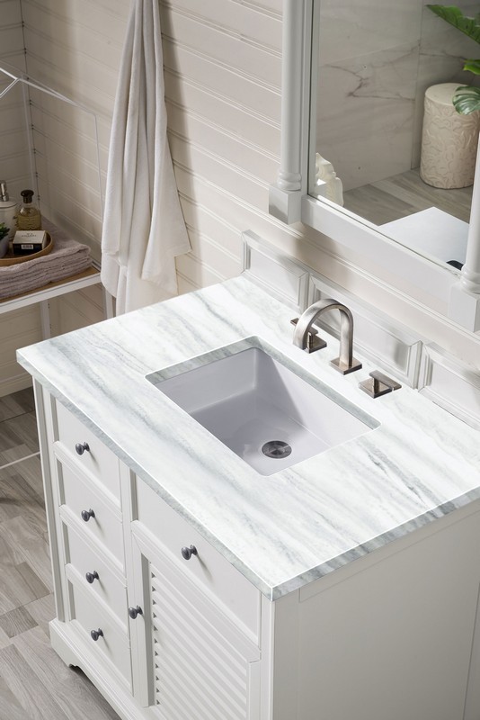 JAMES MARTIN 238-104-V36-BW-3AF SAVANNAH 36 INCH BRIGHT WHITE SINGLE VANITY WITH 3 CM ARCTIC FALL SOLID SURFACE TOP
