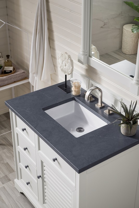 JAMES MARTIN 238-104-V36-BW-3CSP SAVANNAH 36 INCH SINGLE VANITY CABINET IN BRIGHT WHITE WITH 3 CM CHARCOAL SOAPSTONE QUARTZ TOP WITH SINK