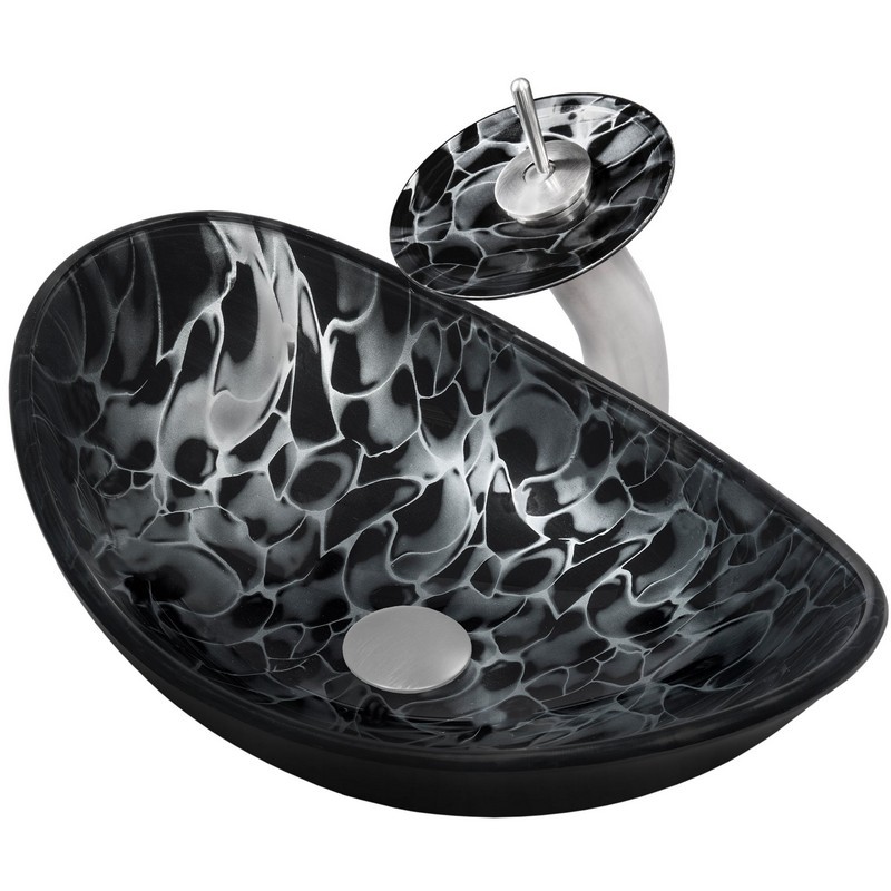 NOVATTO NSFC-0128031001 TARTARUGA 21 1/2 INCH BLACK AND SILVER OVAL GLASS VESSEL BATHROOM SINK SET WITH FAUCET