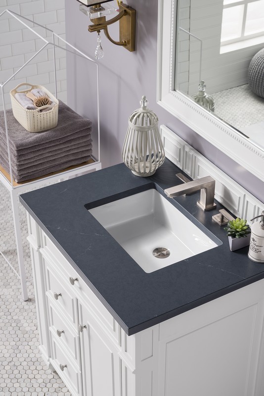 JAMES MARTIN 157-V30-BW-3CSP BRISTOL 30 INCH SINGLE VANITY IN BRIGHT WHITE WITH 3 CM CHARCOAL SOAPSTONE QUARTZ TOP WITH SINK