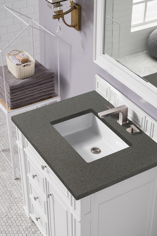 JAMES MARTIN 157-V30-BW-3GEX BRISTOL 30 INCH SINGLE VANITY IN BRIGHT WHITE WITH 3 CM GREY EXPO QUARTZ TOP WITH SINK