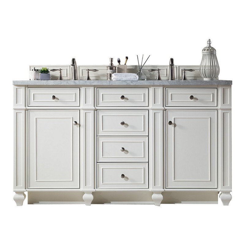 JAMES MARTIN 157-V60D-BW-3CAR BRISTOL 60 INCH DOUBLE VANITY IN BRIGHT WHITE WITH 3 CM CARRARA MARBLE TOP