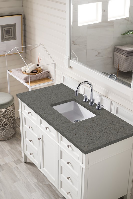 JAMES MARTIN 650-V48-BW-3GEX BRITTANY 48 INCH BRIGHT WHITE SINGLE VANITY WITH 3 CM GREY EXPO QUARTZ TOP WITH SINK