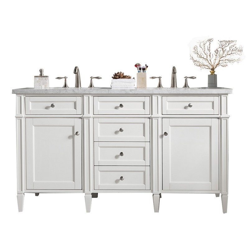 JAMES MARTIN 650-V60D-BW-3CAR BRITTANY 60 INCH BRIGHT WHITE DOUBLE VANITY WITH 3 CM CARRARA MARBLE TOP