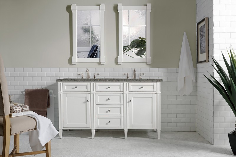 JAMES MARTIN 650-V60D-BW-3GEX BRITTANY 60 INCH BRIGHT WHITE DOUBLE VANITY WITH 3 CM GREY EXPO QUARTZ TOP WITH SINK