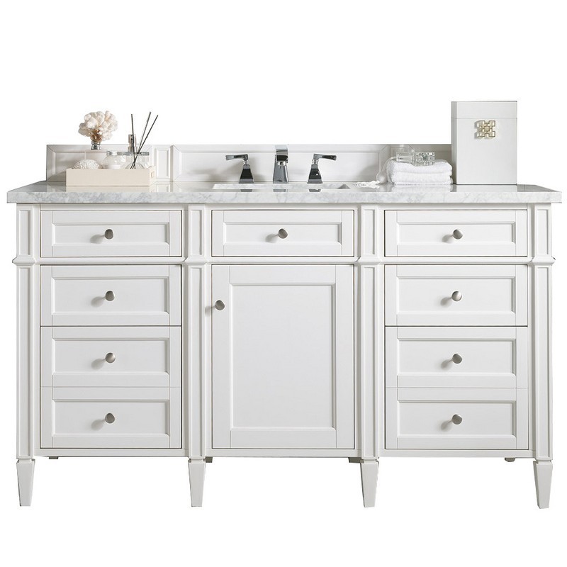 JAMES MARTIN 650-V60S-BW-3CAR BRITTANY 60 INCH BRIGHT WHITE SINGLE VANITY WITH 3 CM CARRARA MARBLE TOP
