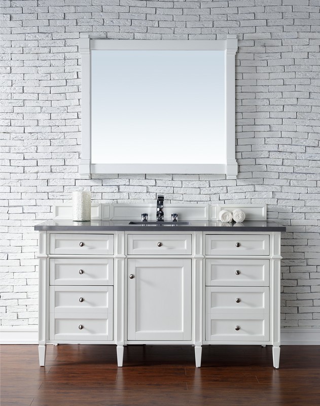 JAMES MARTIN 650-V60S-BW-3CSP BRITTANY 60 INCH BRIGHT WHITE SINGLE VANITY WITH 3 CM CHARCOAL SOAPSTONE QUARTZ TOP WITH SINK