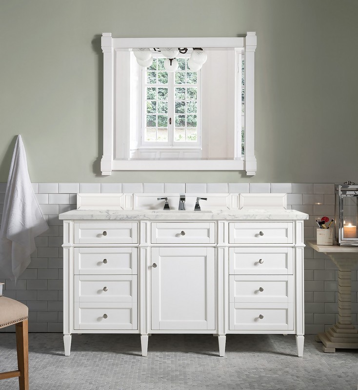 JAMES MARTIN 650-V60S-BW-3EJP BRITTANY 60 INCH BRIGHT WHITE SINGLE VANITY WITH 3 CM ETERNAL JASMINE PEARL QUARTZ TOP WITH SINK