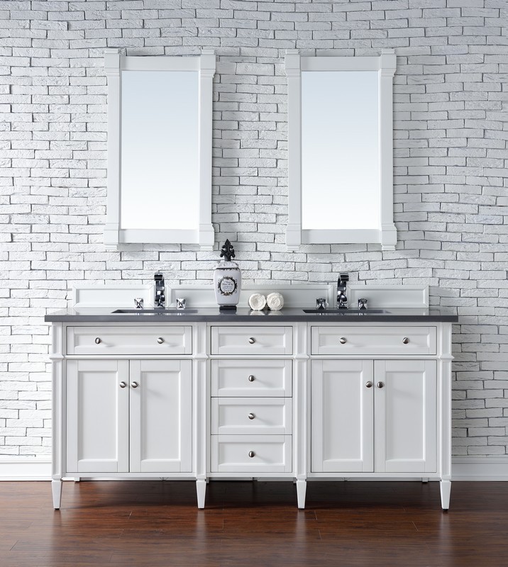 JAMES MARTIN 650-V72-BW-3CSP BRITTANY 72 INCH BRIGHT WHITE DOUBLE VANITY WITH 3 CM CHARCOAL SOAPSTONE QUARTZ TOP WITH SINK