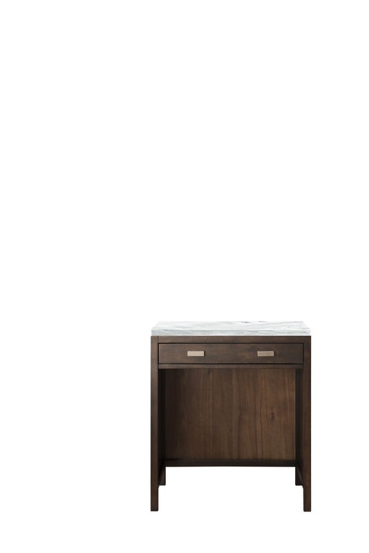 JAMES MARTIN E444-CU30-MCA-3AF ADDISON 30 INCH FREE-STANDING COUNTERTOP UNIT/MAKE-UP COUNTER IN MID CENTURY ACACIA WITH 3 CM ARCTIC FALL SOLID SURFACE TOP