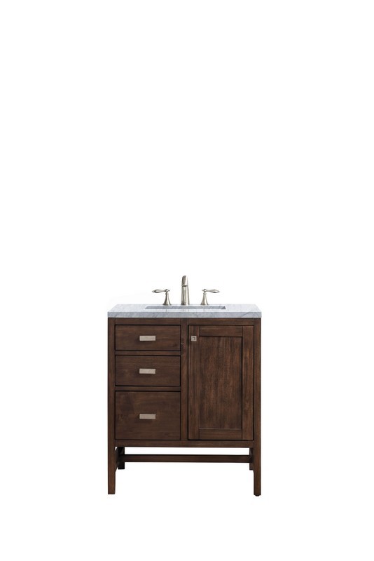 JAMES MARTIN E444-V30-MCA-3CAR ADDISON 30 INCH SINGLE VANITY CABINET IN MID CENTURY ACACIA WITH 3 CM CARRARA WHITE TOP WITH SINK