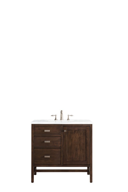 JAMES MARTIN E444-V36-MCA-3AF ADDISON 36 INCH SINGLE VANITY CABINET IN MID CENTURY ACACIA WITH 3 CM ARCTIC FALL SOLID SURFACE COUNTERTOP WITH SINK