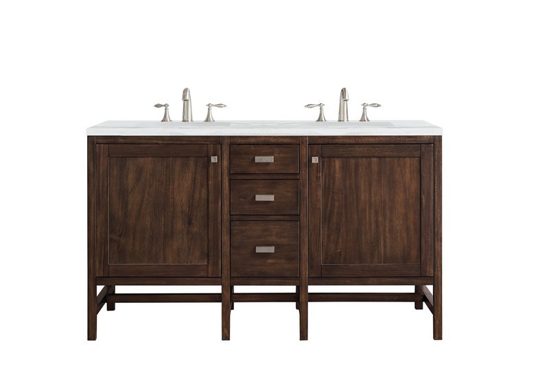 JAMES MARTIN E444-V60D-MCA-3AF ADDISON 60 INCH DOUBLE VANITY CABINET IN MID CENTURY ACACIA WITH 3 CM ARCTIC FALL SOLID SURFACE COUNTERTOP WITH SINK