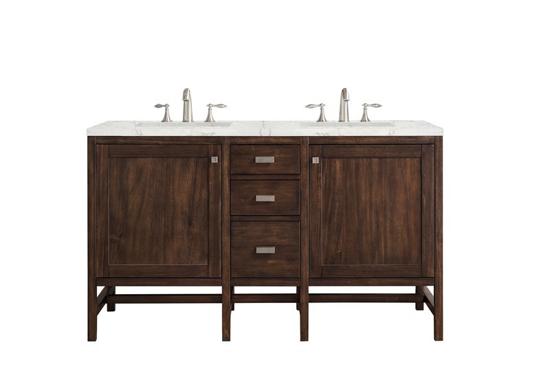 JAMES MARTIN E444-V60D-MCA-3EJP ADDISON 60 INCH DOUBLE VANITY CABINET IN MID CENTURY ACACIA WITH 3 CM ETERNAL JASMINE PEARL QUARTZ TOP WITH SINK