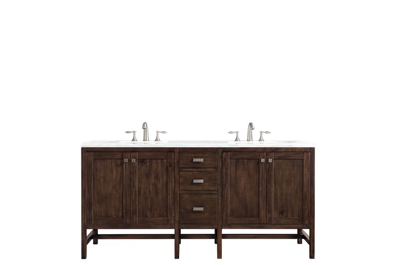 JAMES MARTIN E444-V72-MCA-3AF ADDISON 72 INCH DOUBLE VANITY CABINET IN MID CENTURY ACACIA WITH 3 CM ARCTIC FALL SOLID SURFACE COUNTERTOP WITH SINK