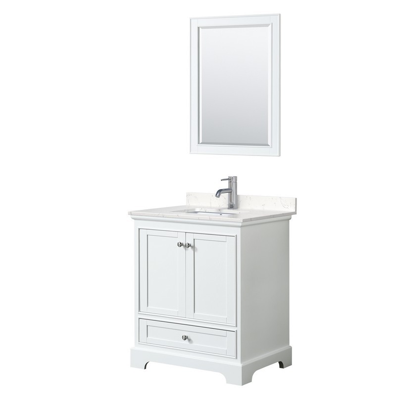 WYNDHAM COLLECTION WCS202030SWHC2UNSM24 DEBORAH 30 INCH SINGLE BATHROOM VANITY IN WHITE WITH LIGHT-VEIN CARRARA CULTURED MARBLE COUNTERTOP, UNDERMOUNT SQUARE SINK AND 24 INCH MIRROR