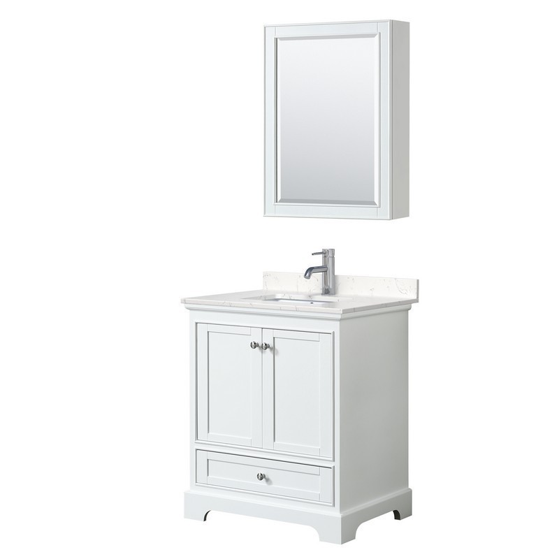 WYNDHAM COLLECTION WCS202030SWHC2UNSMED DEBORAH 30 INCH SINGLE BATHROOM VANITY IN WHITE WITH LIGHT-VEIN CARRARA CULTURED MARBLE COUNTERTOP, UNDERMOUNT SQUARE SINK AND MEDICINE CABINET