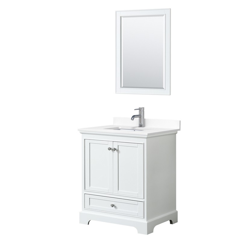 WYNDHAM COLLECTION WCS202030SWHWCUNSM24 DEBORAH 30 INCH SINGLE BATHROOM VANITY IN WHITE WITH WHITE CULTURED MARBLE COUNTERTOP, UNDERMOUNT SQUARE SINK AND 24 INCH MIRROR