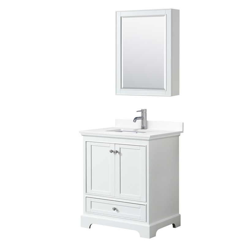 WYNDHAM COLLECTION WCS202030SWHWCUNSMED DEBORAH 30 INCH SINGLE BATHROOM VANITY IN WHITE WITH WHITE CULTURED MARBLE COUNTERTOP, UNDERMOUNT SQUARE SINK AND MEDICINE CABINET