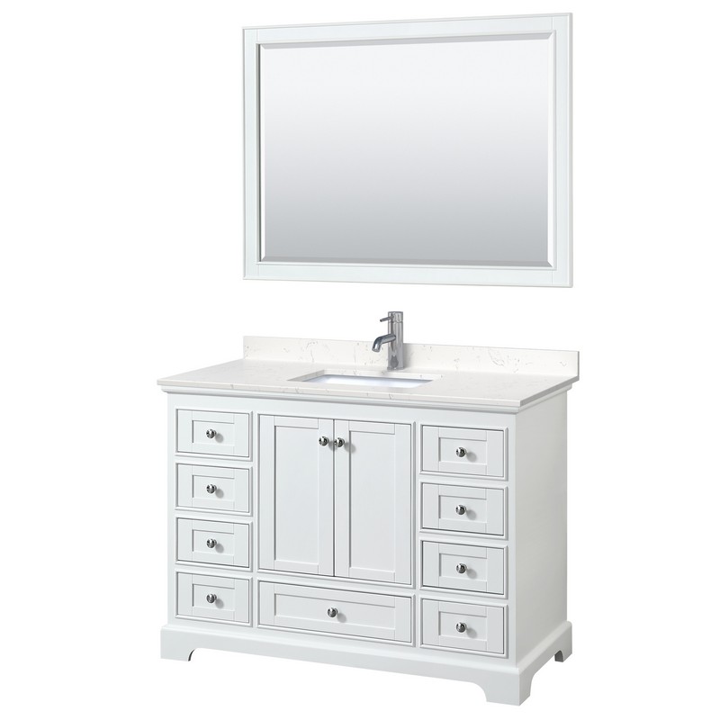 WYNDHAM COLLECTION WCS202048SWHC2UNSM46 DEBORAH 48 INCH SINGLE BATHROOM VANITY IN WHITE WITH LIGHT-VEIN CARRARA CULTURED MARBLE COUNTERTOP, UNDERMOUNT SQUARE SINK AND 46 INCH MIRROR